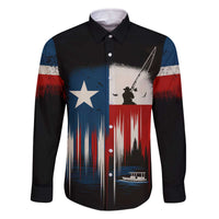 Texas Flag Fishing Family Matching Off The Shoulder Long Sleeve Dress and Hawaiian Shirt with Silhouette Fisherman and Rustic Lake Scene in Red White Blue - Wonder Print Shop