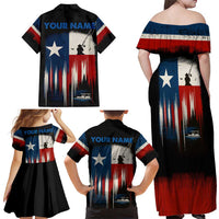 Texas Flag Fishing Family Matching Off Shoulder Maxi Dress and Hawaiian Shirt with Silhouette Fisherman and Rustic Lake Scene in Red White Blue - Wonder Print Shop