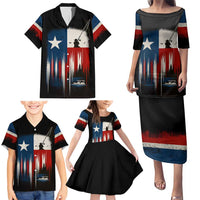 Texas Flag Fishing Family Matching Puletasi and Hawaiian Shirt with Silhouette Fisherman and Rustic Lake Scene in Red White Blue - Wonder Print Shop