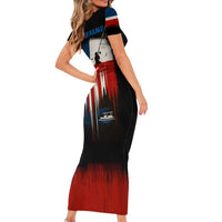 Texas Flag Fishing Family Matching Short Sleeve Bodycon Dress and Hawaiian Shirt with Silhouette Fisherman and Rustic Lake Scene in Red White Blue - Wonder Print Shop