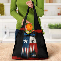 Texas Flag Fishing Grocery Bag with Silhouette Fisherman and Rustic Lake Scene in Red White Blue - Wonder Print Shop