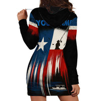 Texas Flag Fishing Hoodie Dress with Silhouette Fisherman and Rustic Lake Scene in Red White Blue - Wonder Print Shop