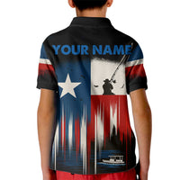 Texas Flag Fishing Kid Polo Shirt with Silhouette Fisherman and Rustic Lake Scene in Red White Blue - Wonder Print Shop