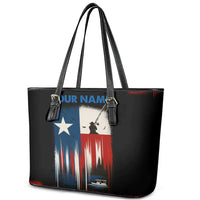 Texas Flag Fishing Leather Tote Bag with Silhouette Fisherman and Rustic Lake Scene in Red White Blue - Wonder Print Shop