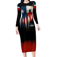 Texas Flag Fishing Long Sleeve Bodycon Dress with Silhouette Fisherman and Rustic Lake Scene in Red White Blue - Wonder Print Shop