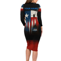 Texas Flag Fishing Long Sleeve Bodycon Dress with Silhouette Fisherman and Rustic Lake Scene in Red White Blue - Wonder Print Shop