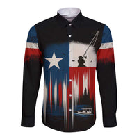 Texas Flag Fishing Long Sleeve Button Shirt with Silhouette Fisherman and Rustic Lake Scene in Red White Blue - Wonder Print Shop