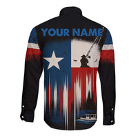 Texas Flag Fishing Long Sleeve Button Shirt with Silhouette Fisherman and Rustic Lake Scene in Red White Blue - Wonder Print Shop