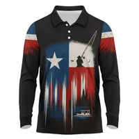 Texas Flag Fishing Long Sleeve Polo Shirt with Silhouette Fisherman and Rustic Lake Scene in Red White Blue - Wonder Print Shop