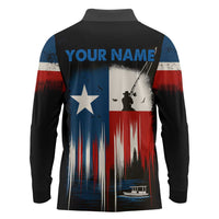 Texas Flag Fishing Long Sleeve Polo Shirt with Silhouette Fisherman and Rustic Lake Scene in Red White Blue - Wonder Print Shop