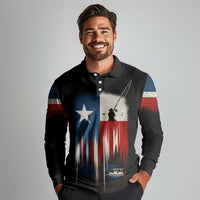 Texas Flag Fishing Long Sleeve Polo Shirt with Silhouette Fisherman and Rustic Lake Scene in Red White Blue - Wonder Print Shop