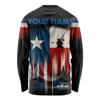 Texas Flag Fishing Long Sleeve Shirt with Silhouette Fisherman and Rustic Lake Scene in Red White Blue - Wonder Print Shop