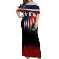 Texas Flag Fishing Off Shoulder Maxi Dress with Silhouette Fisherman and Rustic Lake Scene in Red White Blue - Wonder Print Shop