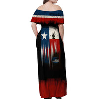 Texas Flag Fishing Off Shoulder Maxi Dress with Silhouette Fisherman and Rustic Lake Scene in Red White Blue - Wonder Print Shop