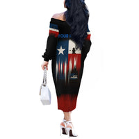 Texas Flag Fishing Off The Shoulder Long Sleeve Dress with Silhouette Fisherman and Rustic Lake Scene in Red White Blue - Wonder Print Shop