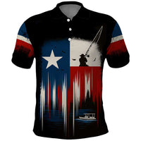 Texas Flag Fishing Polo Shirt with Silhouette Fisherman and Rustic Lake Scene in Red White Blue - Wonder Print Shop