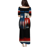 Texas Flag Fishing Puletasi with Silhouette Fisherman and Rustic Lake Scene in Red White Blue - Wonder Print Shop