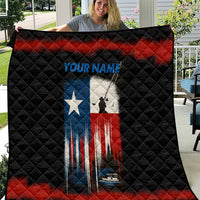 Texas Flag Fishing Quilt with Silhouette Fisherman and Rustic Lake Scene in Red White Blue - Wonder Print Shop