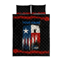 Texas Flag Fishing Quilt Bed Set with Silhouette Fisherman and Rustic Lake Scene in Red White Blue - Wonder Print Shop