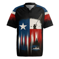 Texas Flag Fishing Rugby Jersey with Silhouette Fisherman and Rustic Lake Scene in Red White Blue - Wonder Print Shop