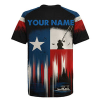 Texas Flag Fishing Rugby Jersey with Silhouette Fisherman and Rustic Lake Scene in Red White Blue - Wonder Print Shop