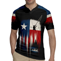 Texas Flag Fishing Rugby Jersey with Silhouette Fisherman and Rustic Lake Scene in Red White Blue - Wonder Print Shop