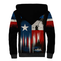 Texas Flag Fishing Sherpa Hoodie with Silhouette Fisherman and Rustic Lake Scene in Red White Blue - Wonder Print Shop