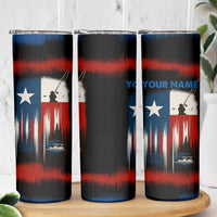 Texas Flag Fishing Skinny Tumbler with Silhouette Fisherman and Rustic Lake Scene in Red White Blue - Wonder Print Shop