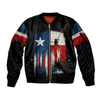 Texas Flag Fishing Sleeve Zip Bomber Jacket with Silhouette Fisherman and Rustic Lake Scene in Red White Blue - Wonder Print Shop