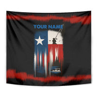 Texas Flag Fishing Tapestry with Silhouette Fisherman and Rustic Lake Scene in Red White Blue - Wonder Print Shop