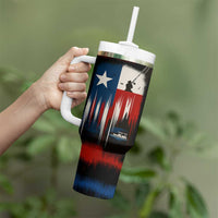 Texas Flag Fishing Tumbler With Handle with Silhouette Fisherman and Rustic Lake Scene in Red White Blue - Wonder Print Shop