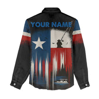 Texas Flag Fishing Women Casual Shirt with Silhouette Fisherman and Rustic Lake Scene in Red White Blue - Wonder Print Shop