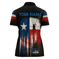Texas Flag Fishing Women Polo Shirt with Silhouette Fisherman and Rustic Lake Scene in Red White Blue - Wonder Print Shop