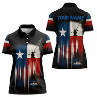 Texas Flag Fishing Women Polo Shirt with Silhouette Fisherman and Rustic Lake Scene in Red White Blue - Wonder Print Shop