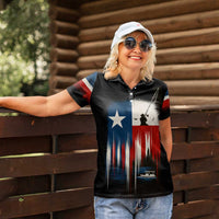 Texas Flag Fishing Women Polo Shirt with Silhouette Fisherman and Rustic Lake Scene in Red White Blue - Wonder Print Shop