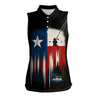 Texas Flag Fishing Women Sleeveless Polo Shirt with Silhouette Fisherman and Rustic Lake Scene in Red White Blue - Wonder Print Shop