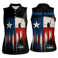 Texas Flag Fishing Women Sleeveless Polo Shirt with Silhouette Fisherman and Rustic Lake Scene in Red White Blue - Wonder Print Shop