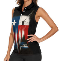 Texas Flag Fishing Women Sleeveless Polo Shirt with Silhouette Fisherman and Rustic Lake Scene in Red White Blue - Wonder Print Shop