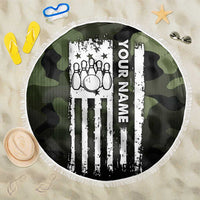 Camouflage Bowling Beach Blanket with Grunge American Flag and Pin Emblem in Military Green - Wonder Print Shop