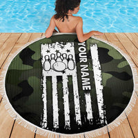 Camouflage Bowling Beach Blanket with Grunge American Flag and Pin Emblem in Military Green - Wonder Print Shop