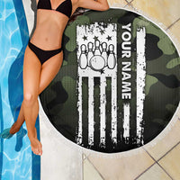 Camouflage Bowling Beach Blanket with Grunge American Flag and Pin Emblem in Military Green - Wonder Print Shop