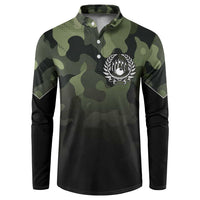 Camouflage Bowling Button Sweatshirt with Grunge American Flag and Pin Emblem in Military Green - Wonder Print Shop