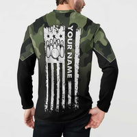 Camouflage Bowling Button Sweatshirt with Grunge American Flag and Pin Emblem in Military Green - Wonder Print Shop