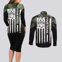 Camouflage Bowling Couples Matching Long Sleeve Bodycon Dress and Long Sleeve Button Shirt with Grunge American Flag and Pin Emblem in Military Green - Wonder Print Shop