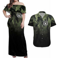 Camouflage Bowling Couples Matching Off Shoulder Maxi Dress and Hawaiian Shirt with Grunge American Flag and Pin Emblem in Military Green - Wonder Print Shop