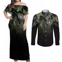 Camouflage Bowling Couples Matching Off Shoulder Maxi Dress and Long Sleeve Button Shirt with Grunge American Flag and Pin Emblem in Military Green - Wonder Print Shop