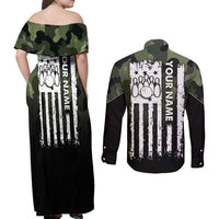 Camouflage Bowling Couples Matching Off Shoulder Maxi Dress and Long Sleeve Button Shirt with Grunge American Flag and Pin Emblem in Military Green - Wonder Print Shop