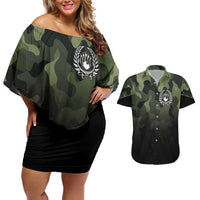 Camouflage Bowling Couples Matching Off Shoulder Short Dress and Hawaiian Shirt with Grunge American Flag and Pin Emblem in Military Green - Wonder Print Shop