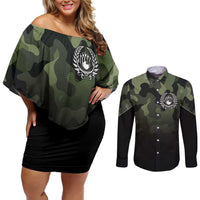Camouflage Bowling Couples Matching Off Shoulder Short Dress and Long Sleeve Button Shirt with Grunge American Flag and Pin Emblem in Military Green - Wonder Print Shop