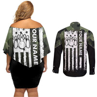 Camouflage Bowling Couples Matching Off Shoulder Short Dress and Long Sleeve Button Shirt with Grunge American Flag and Pin Emblem in Military Green - Wonder Print Shop